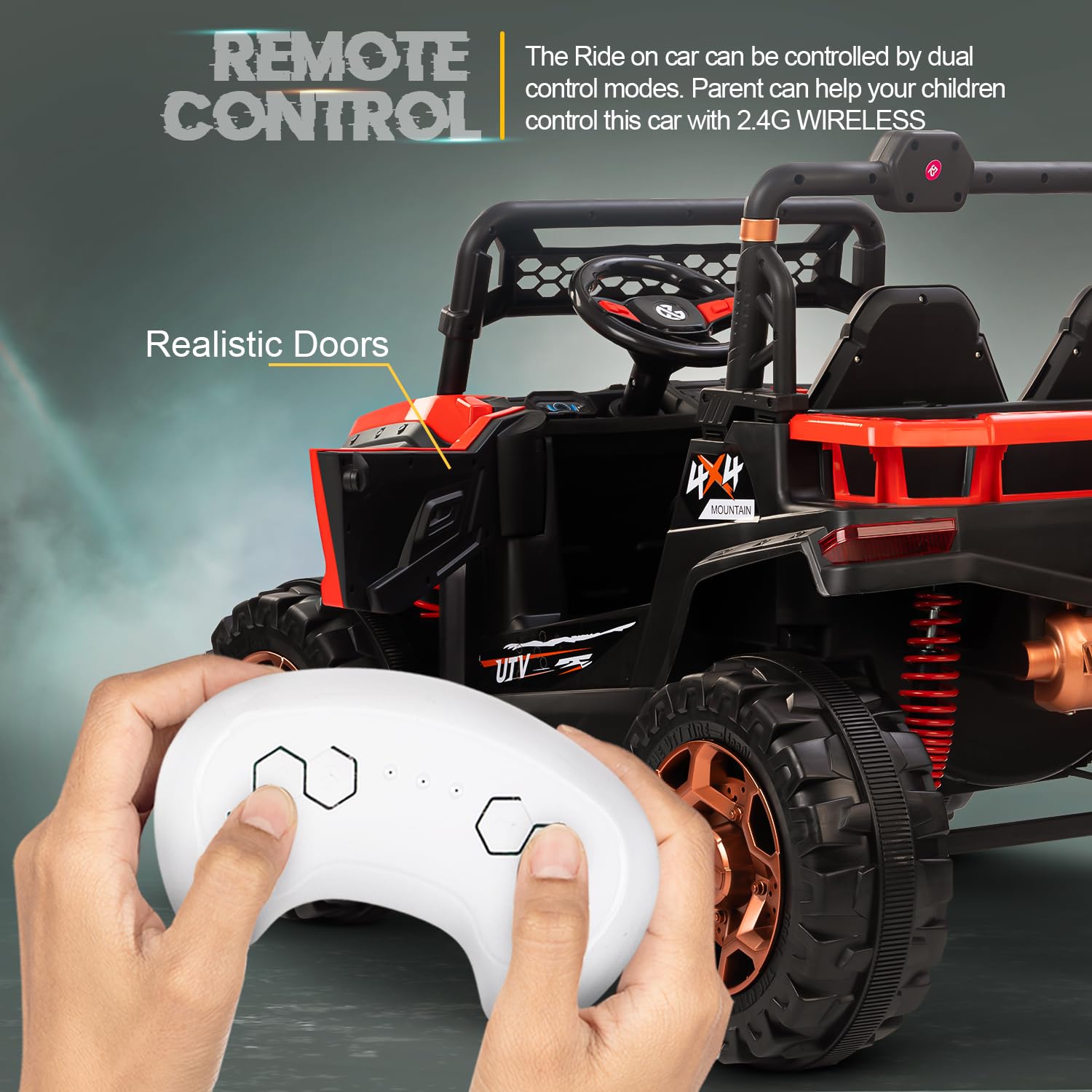 Kids' large electric ride-on UTV jeep in red, perfect for toddlers and young children with parental remote control WWW.USMILE.TOYS